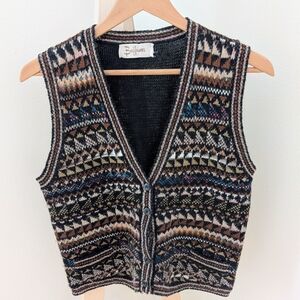 Vintage Abstract Geometric Button Down V-neck Knit Sweater Vest In Brown/Black